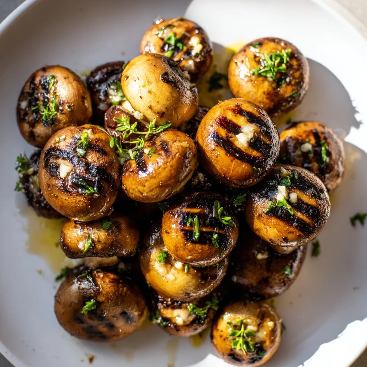 Steakhouse garlic butter grilled mushrooms glistening with herbs and golden grill marks