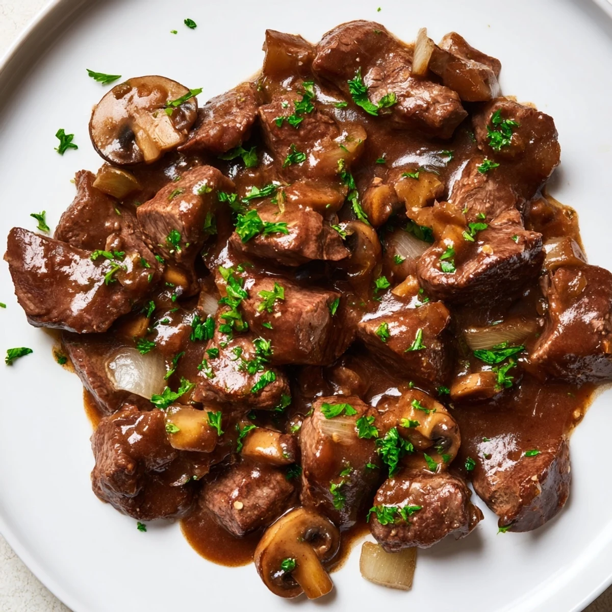 Tender weeknight steak tips and gravy served over creamy mashed potatoes