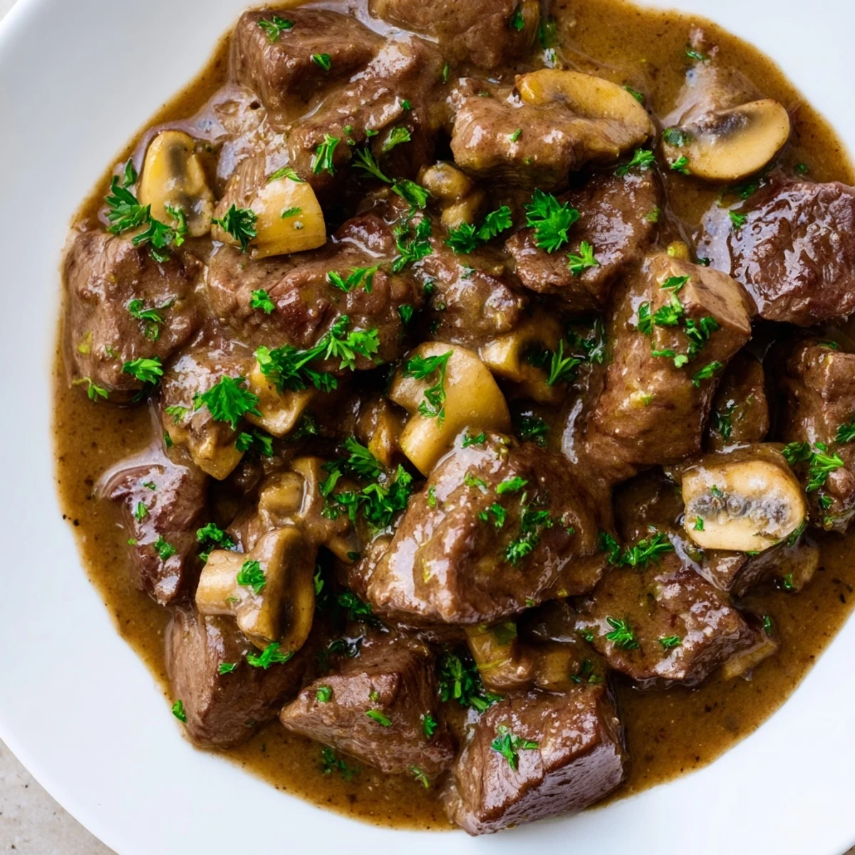 Weeknight steak tips and gravy in a cast iron skillet with fresh parsley garnish