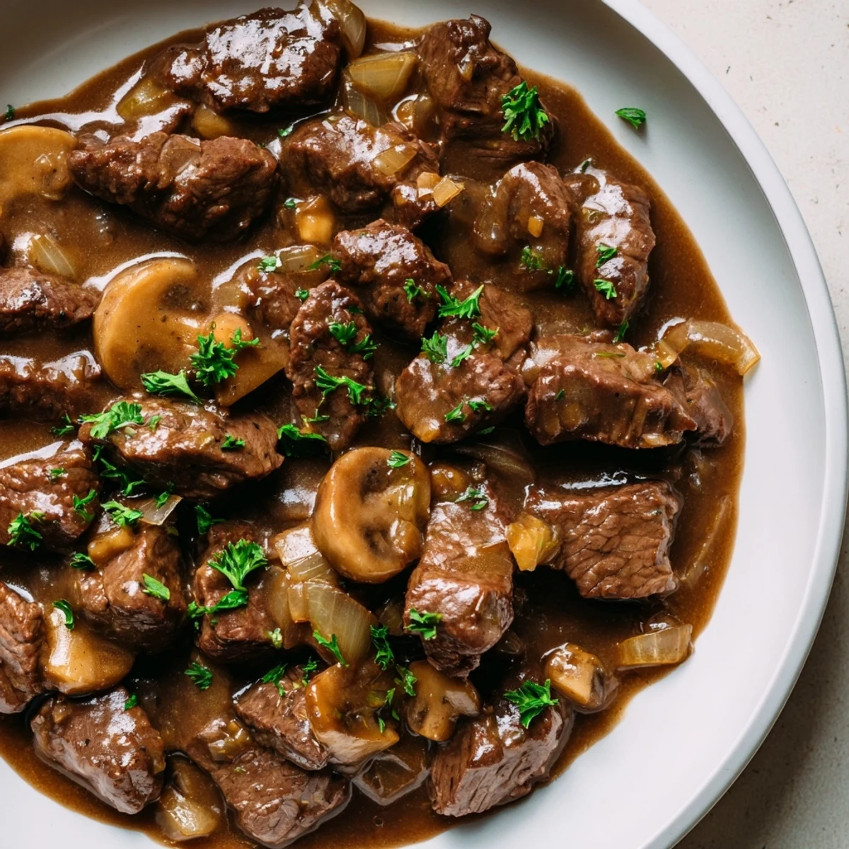 Juicy browned beef pieces swimming in rich savory weeknight steak tips and gravy