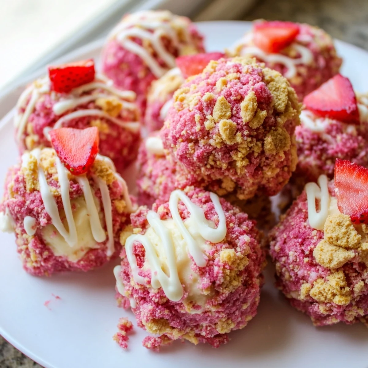 Creamy strawberry crunch cheesecake bites coated in golden cookie crumbs on parchment paper