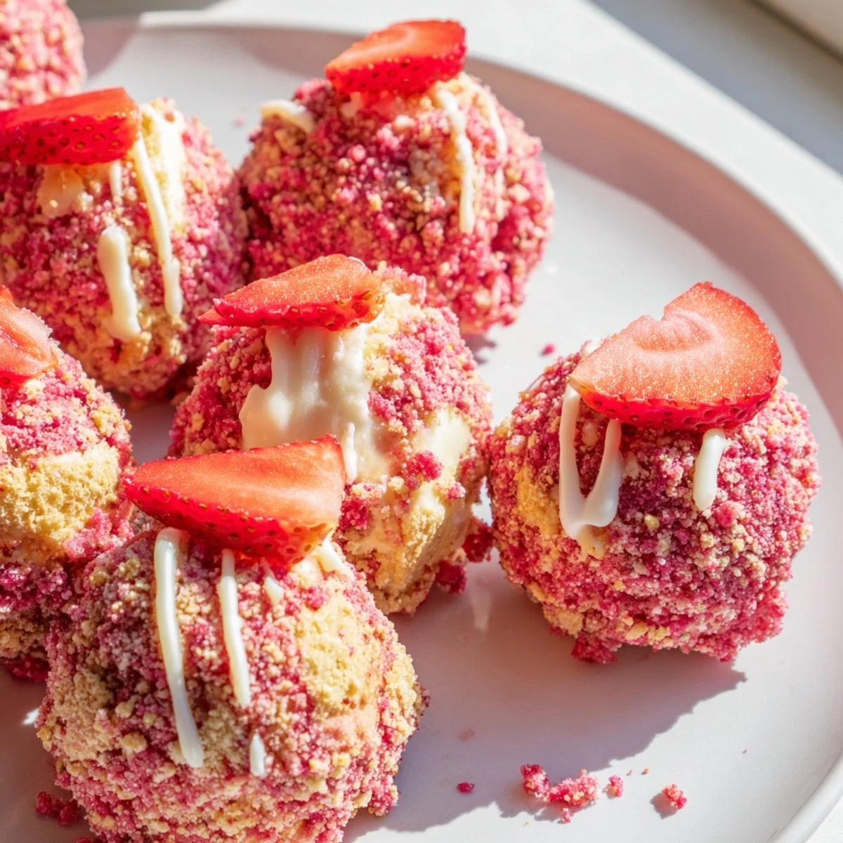 Golden strawberry crunch cheesecake bites drizzled with white chocolate and topped with fresh strawberries