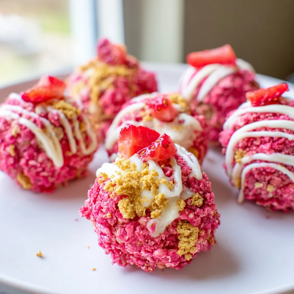 Fluffy no-bake strawberry crunch cheesecake bites rolled in vibrant freeze-dried strawberry cookie coating