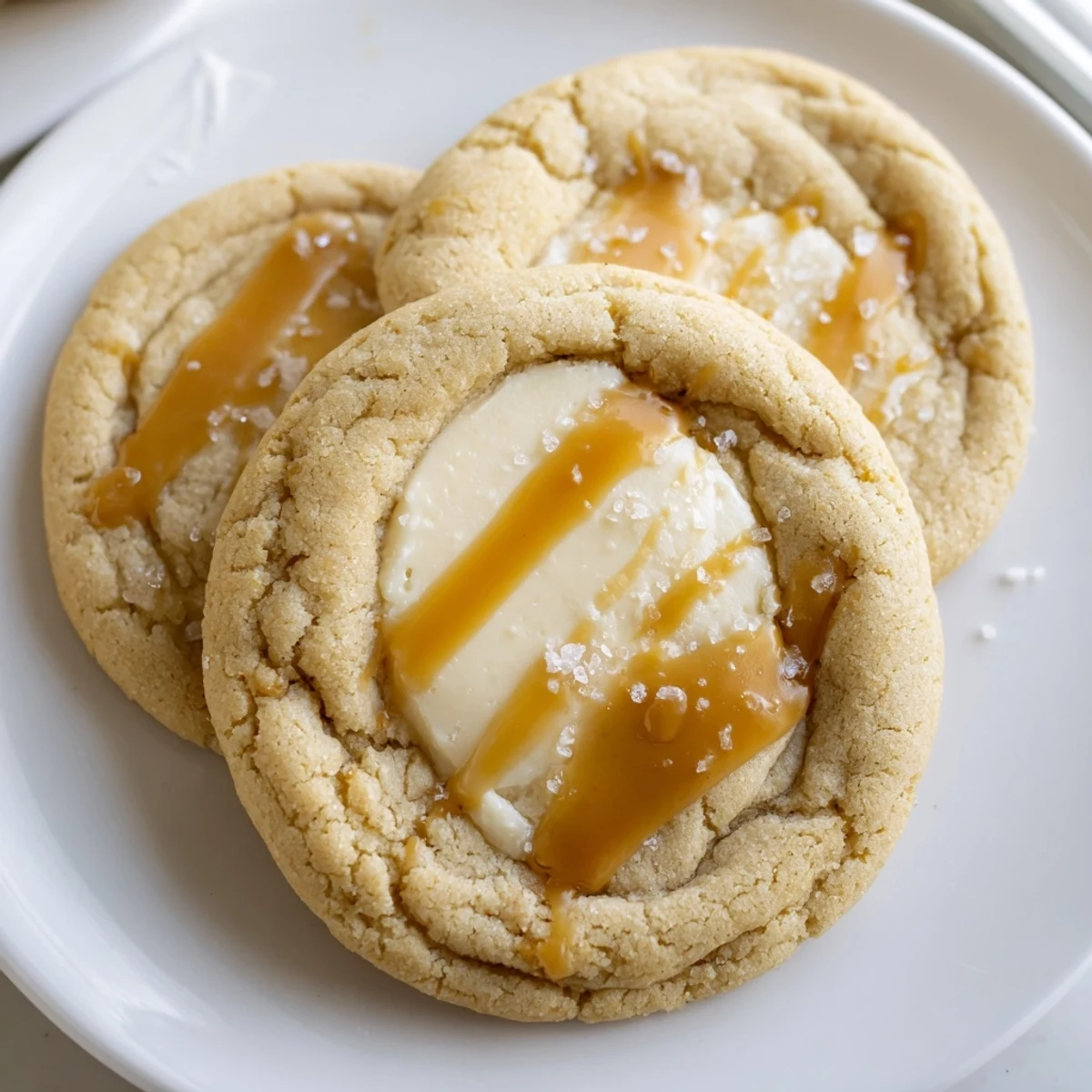 Soft caramel cheesecake cookies with golden caramel drizzle on a rustic baking sheet