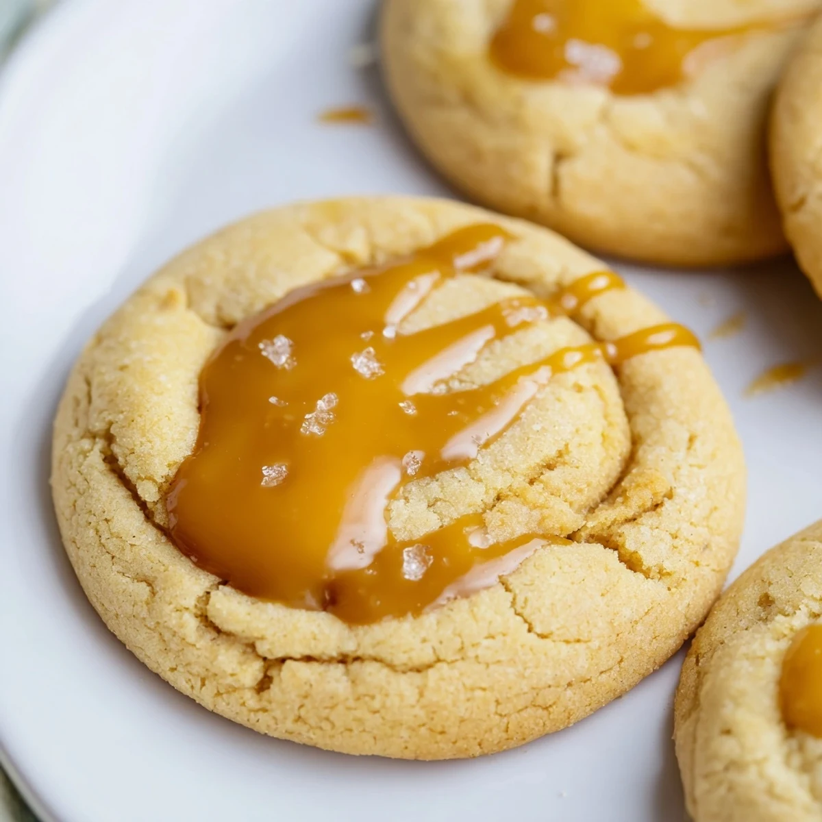 Decadent caramel cheesecake cookies arranged on a white plate with creamy cheesecake centers