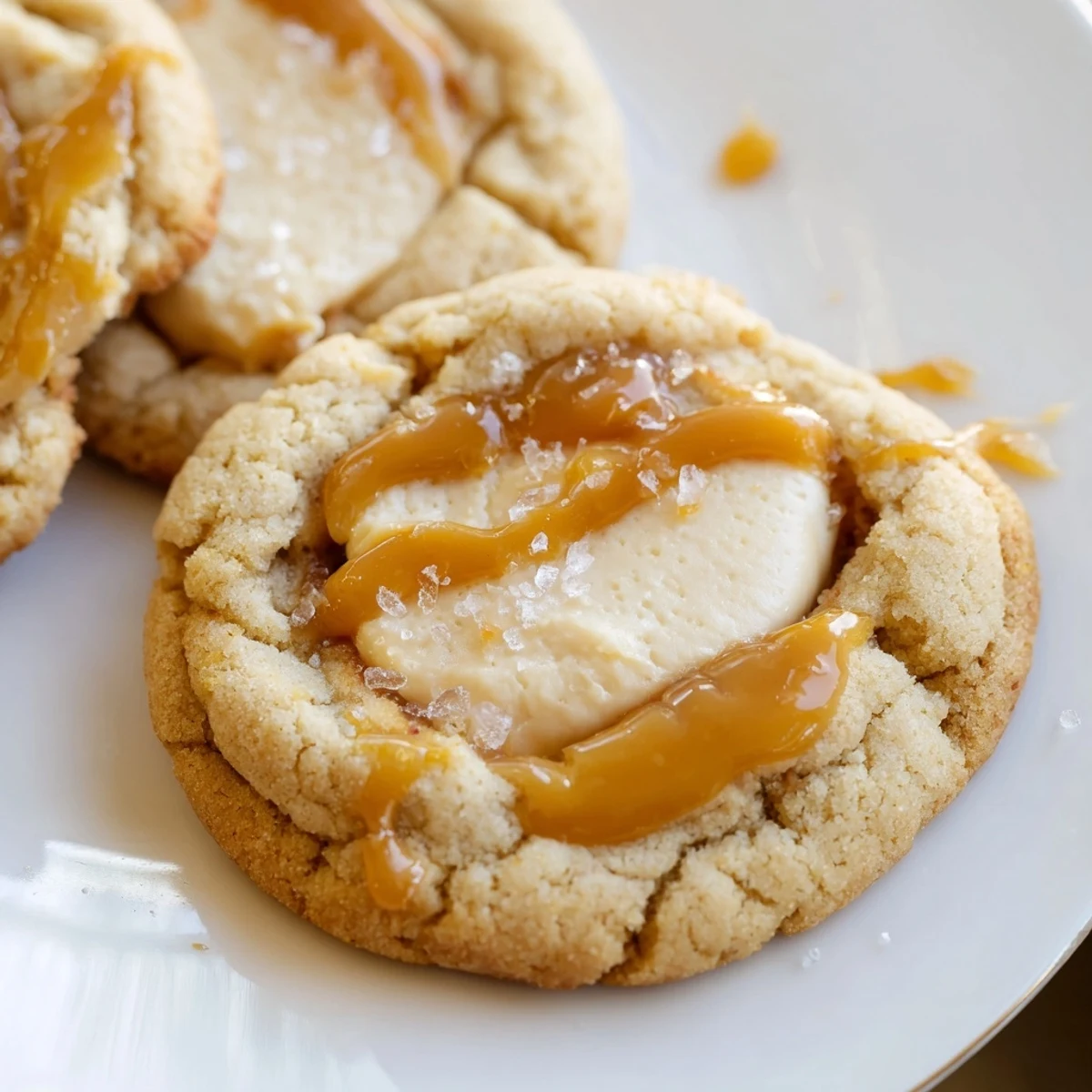 Creamy caramel cheesecake cookies fresh from the oven topped with swirled caramel sauce