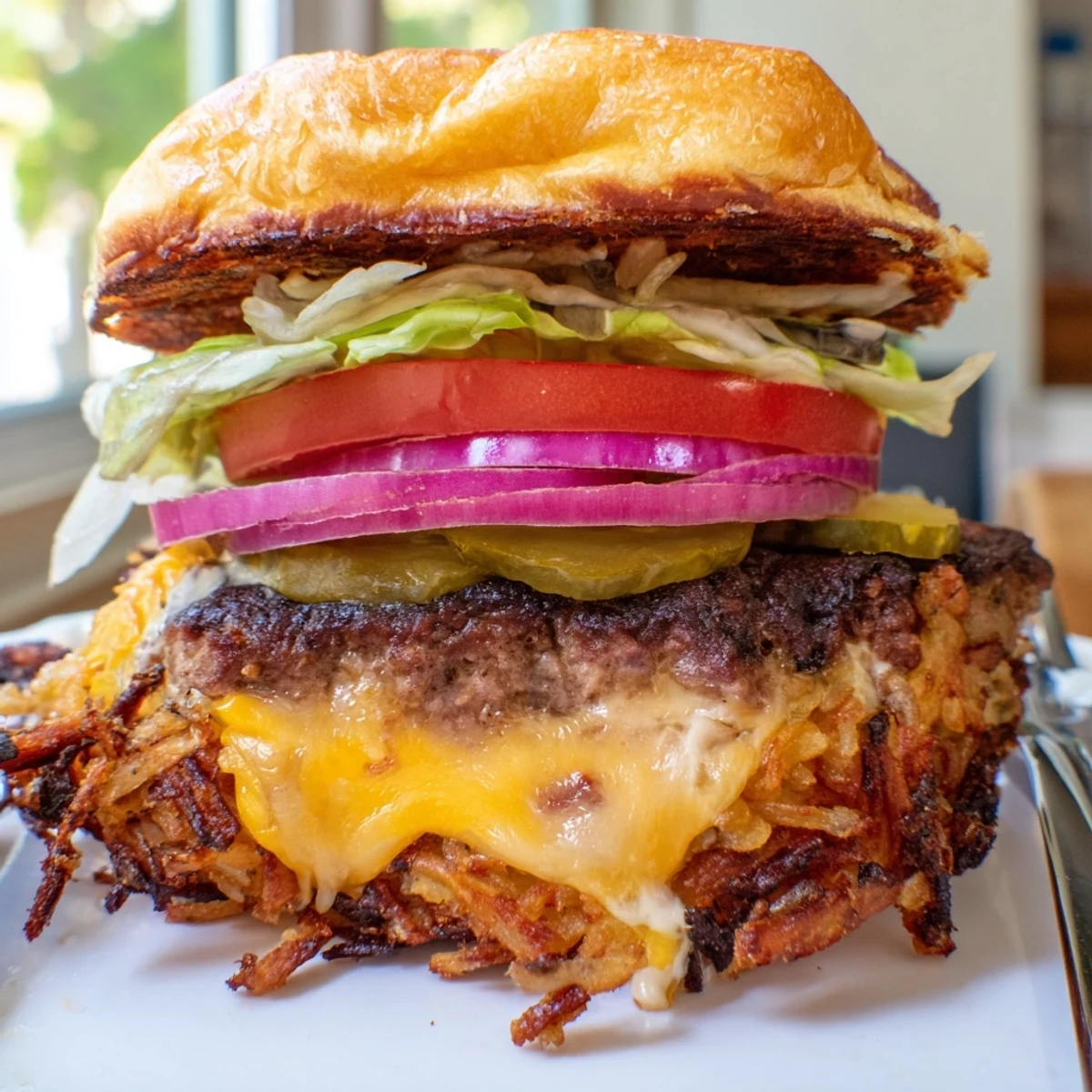 Crispy Hash Brown Smash Burgers with golden patties and melted cheddar on toasted buns
