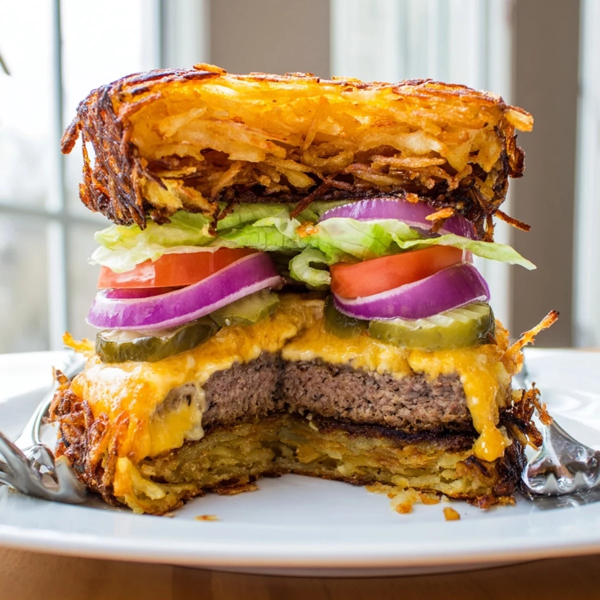 Juicy Crispy Hash Brown Smash Burgers loaded with pickles, lettuce, and tangy sauce