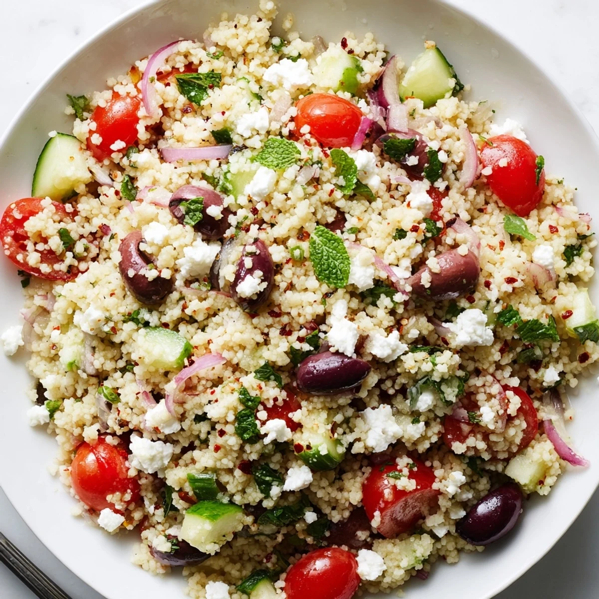 Fluffy Mediterranean couscous salad tossed with colorful diced vegetables and crumbled feta in a bright bowl.