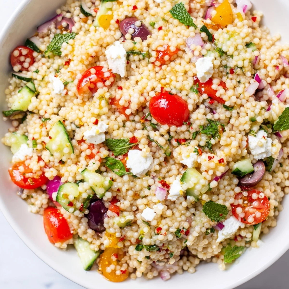 Mediterranean couscous salad glistening with hot honey lemon vinaigrette, studded with tomatoes, olives, and herbs.
