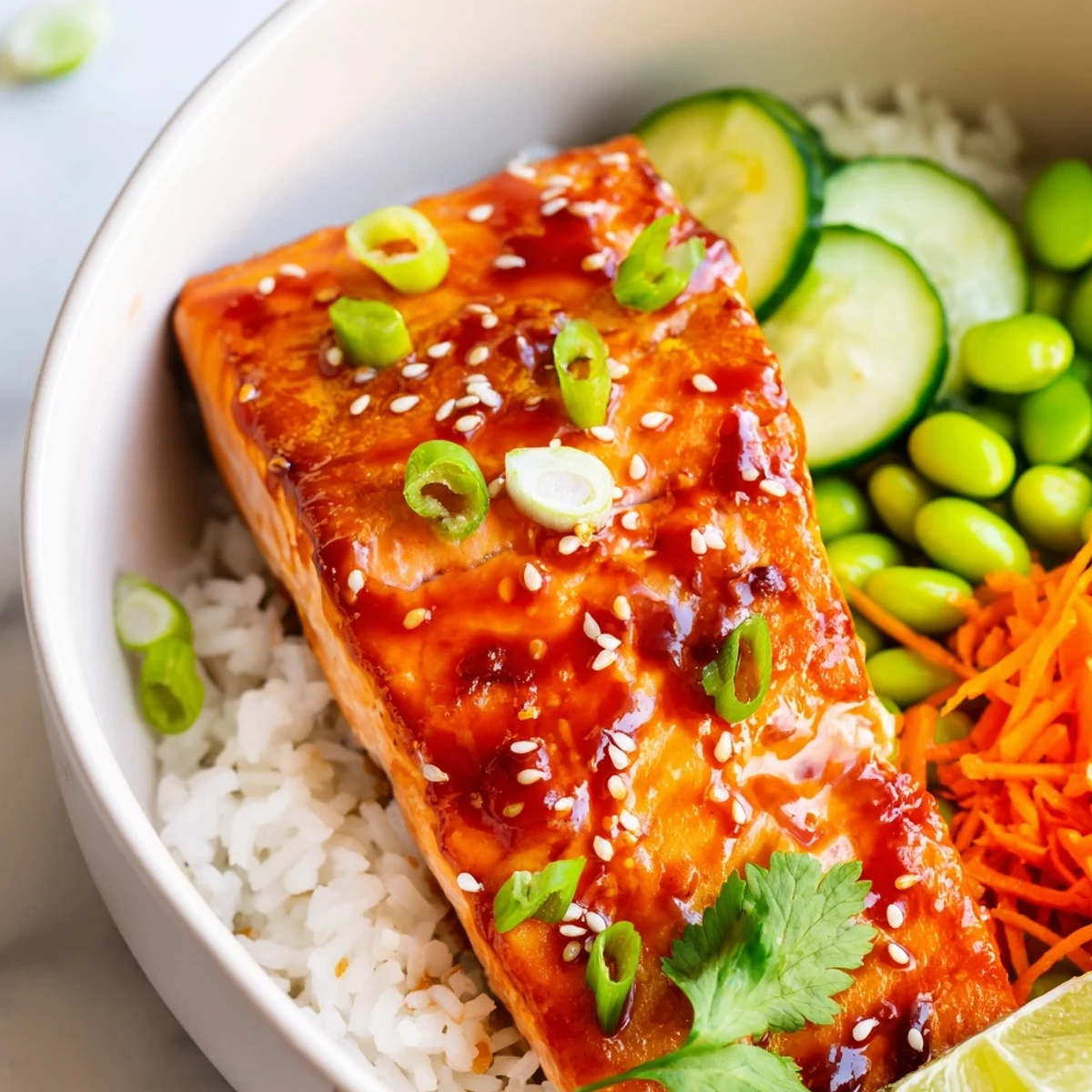 Glistening Sriracha Honey Glazed Salmon Bowls topped with sesame seeds and fresh cilantro over steamed rice
