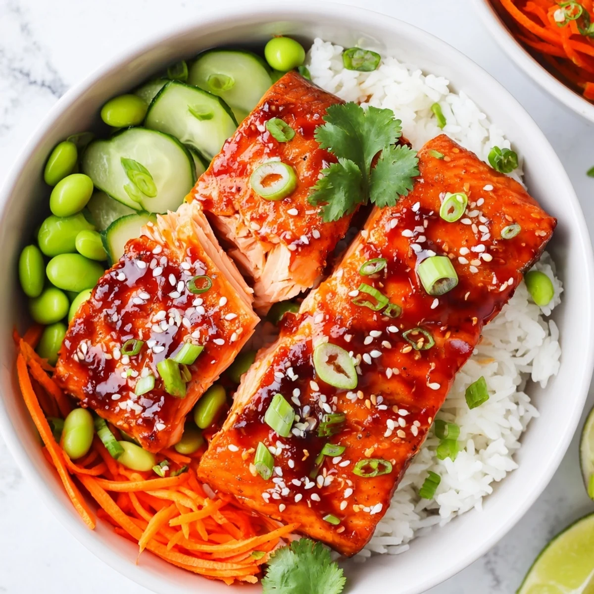Caramelized sriracha honey glazed salmon fillets resting on crisp vegetables and fluffy white rice