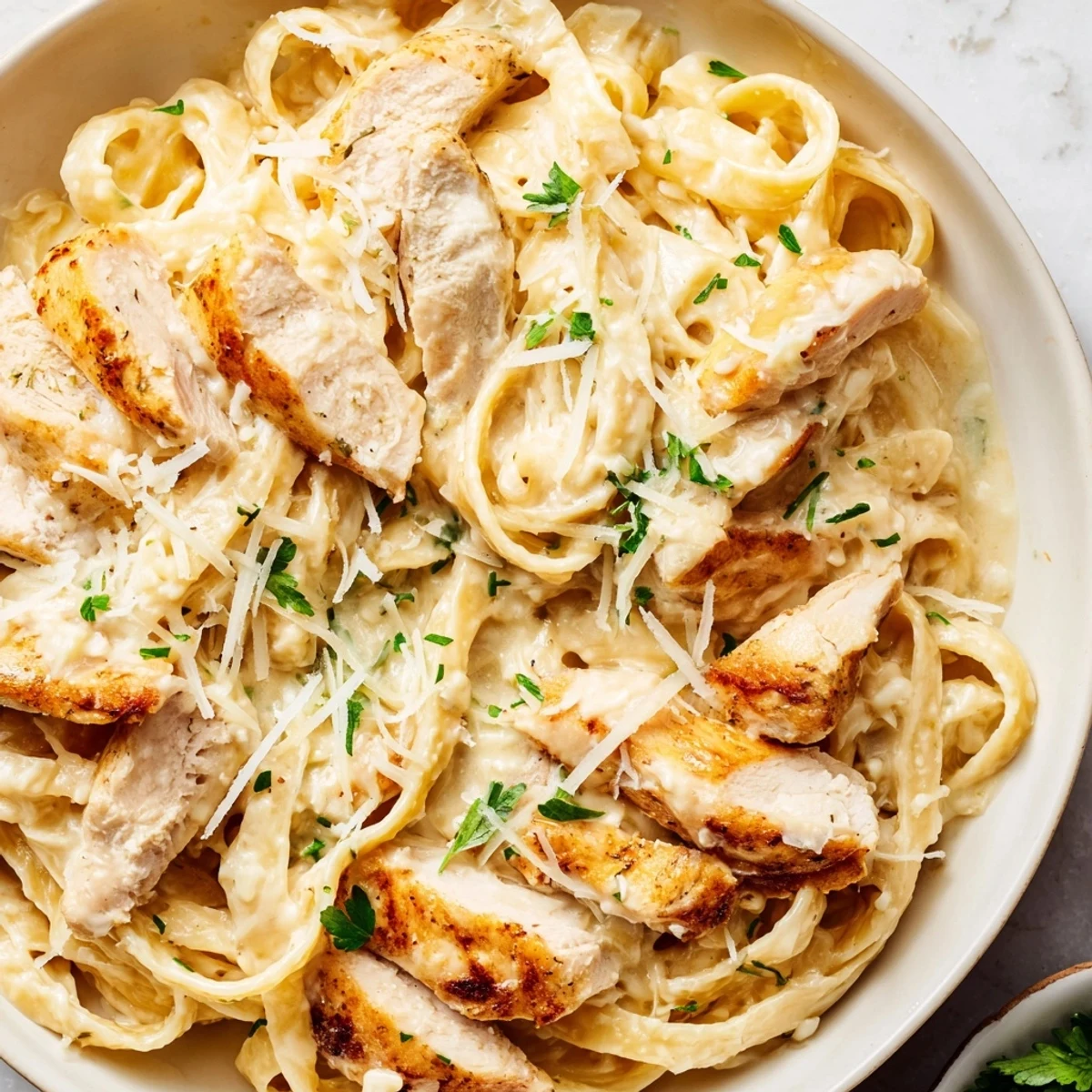 Creamy Garlic Parmesan Chicken Pasta topped with fresh parsley in a white bowl