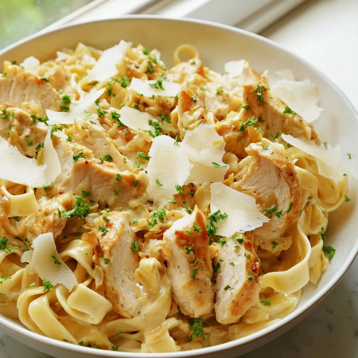 Creamy Garlic Parmesan Chicken Pasta coated in velvety garlic sauce ready to serve