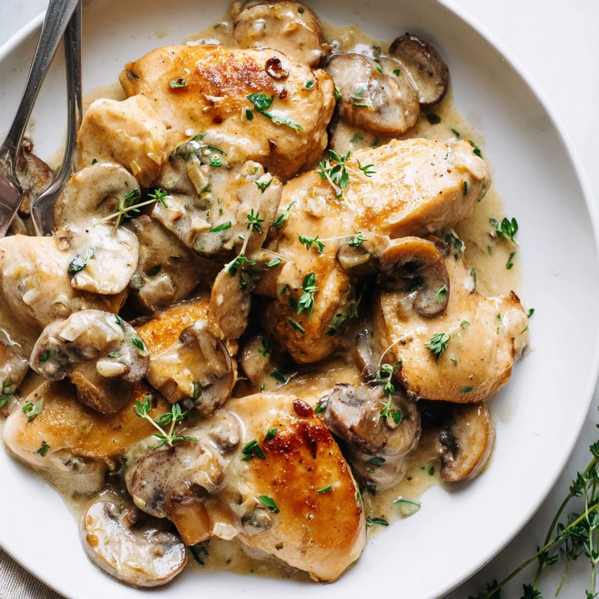 Creamy mushroom chicken topped with fresh parsley beside golden herb-roasted potato halves
