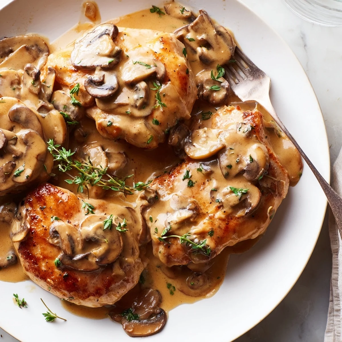 Tender seared chicken smothered in creamy mushroom sauce with crispy herb potatoes