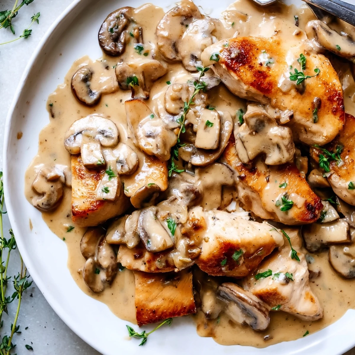 Creamy mushroom chicken in rich garlic thyme sauce served alongside crispy roasted potatoes