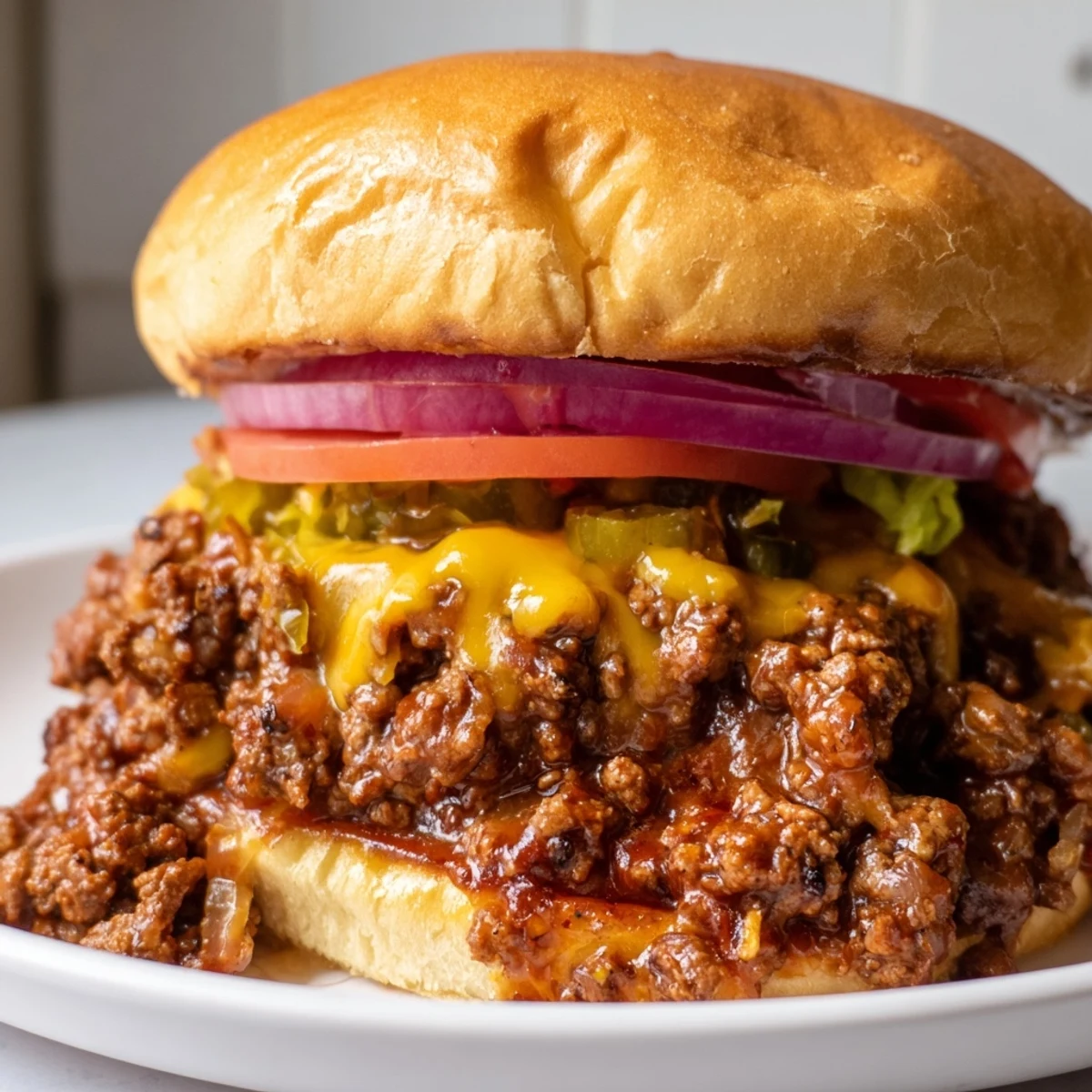Juicy Smash Burger Sloppy Joes piled high on a golden toasted bun with melted cheddar cheese