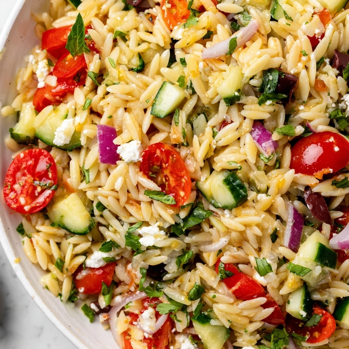 Colorful Mediterranean orzo pasta salad in a white bowl with cherry tomatoes, cucumber, and crumbled feta cheese