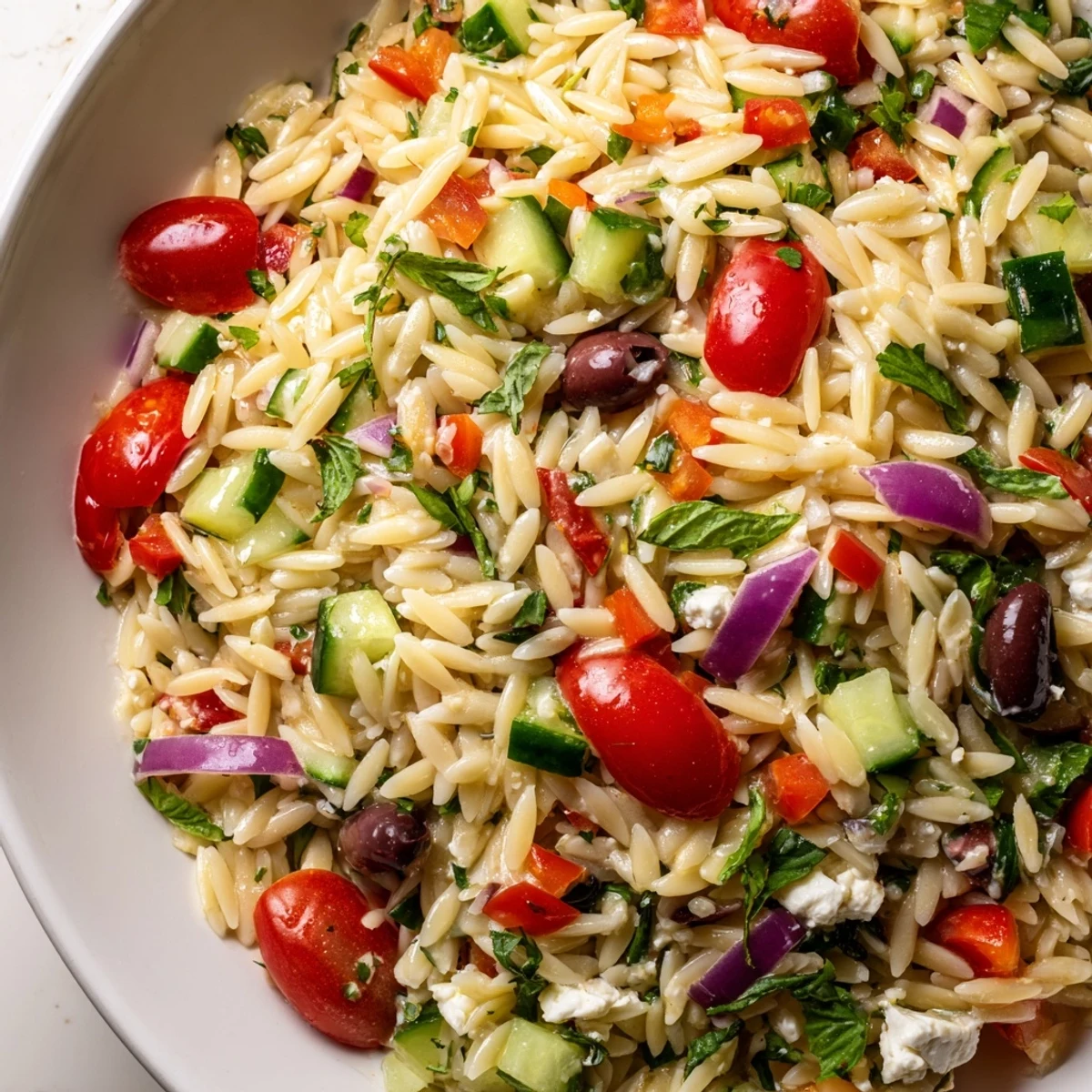 Tender orzo pasta salad tossed with vibrant bell peppers, Kalamata olives, and fresh herbs on a rustic wooden table