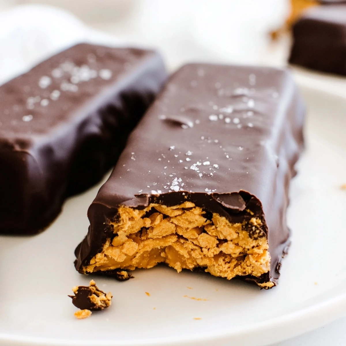 Healthy Homemade Butterfingers coated in glossy dark chocolate on a parchment-lined tray.