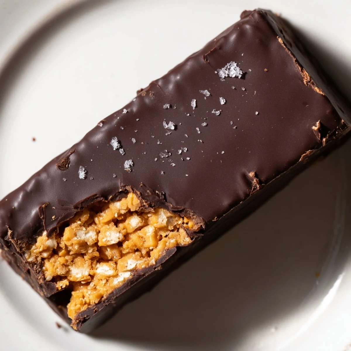 Healthy Homemade Butterfingers stacked on a plate with flaky sea salt sprinkled on top.