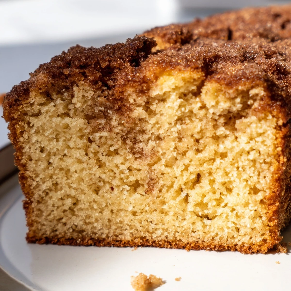 Moist cinnamon donut loaf brushed with melted butter and sparkling sugar topping