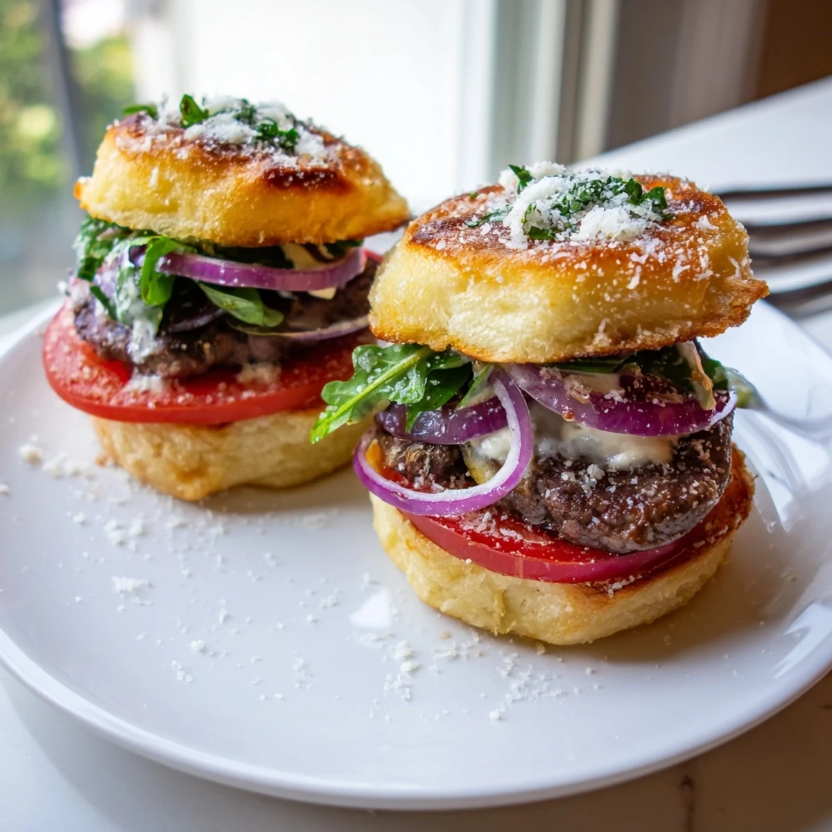Juicy filet mignon sliders on golden garlic parmesan rolls, ready to serve