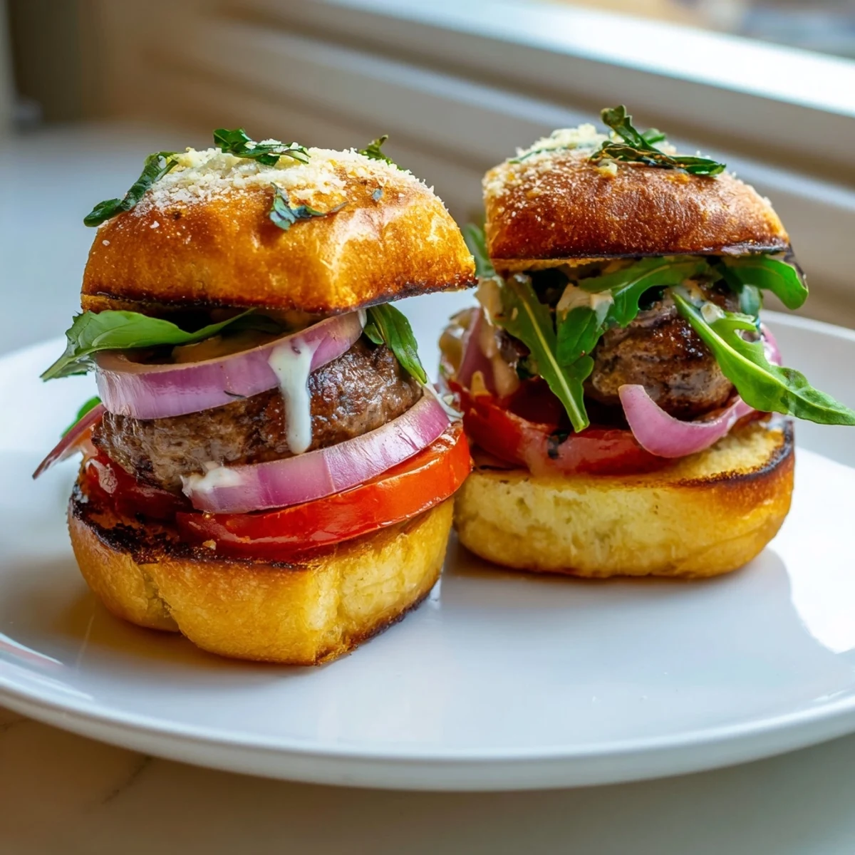Crispy garlic parmesan rolls topped with seared filet mignon, arugula, and tomato