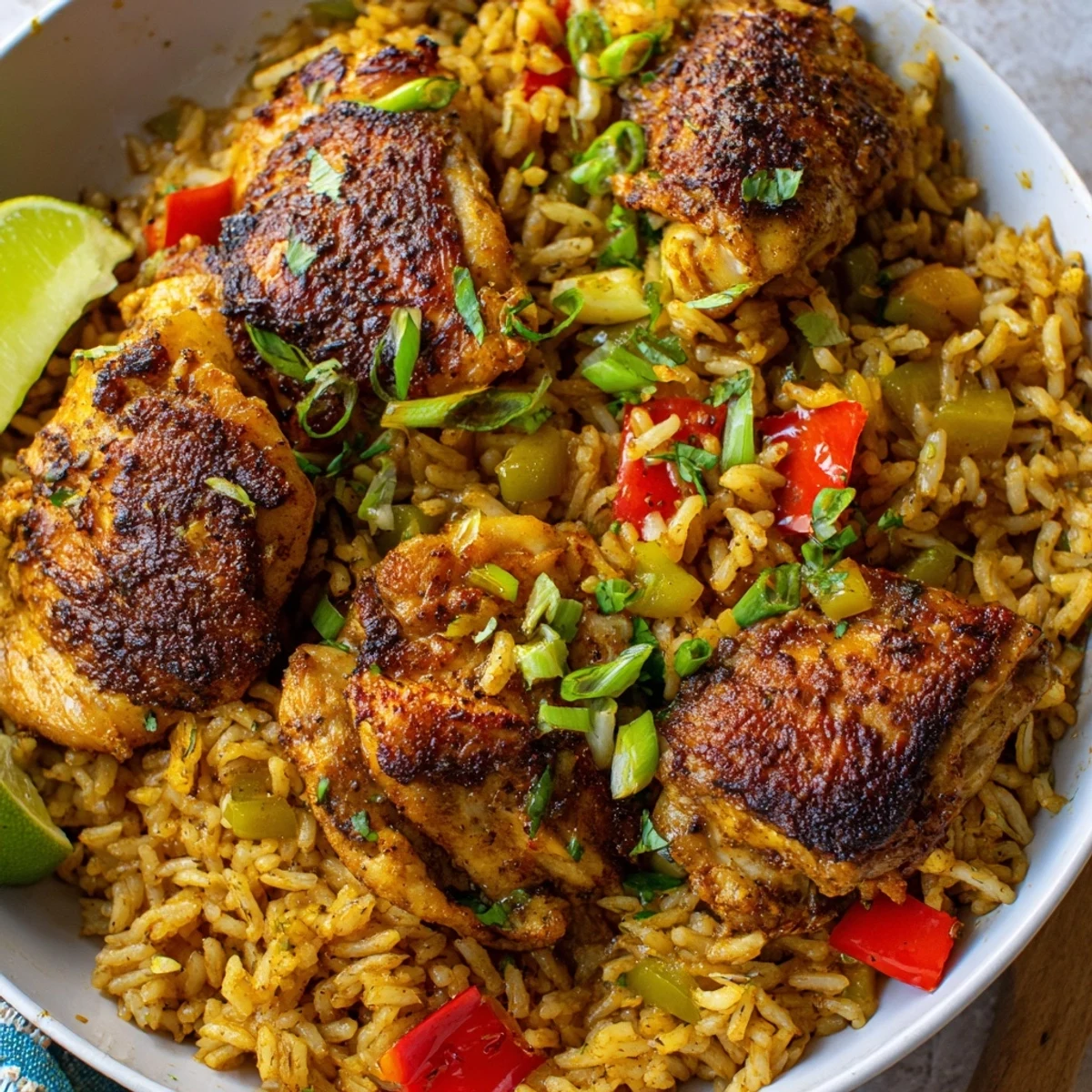 Golden jerk-spiced chicken thighs nestled in fragrant coconut rice with colorful bell peppers