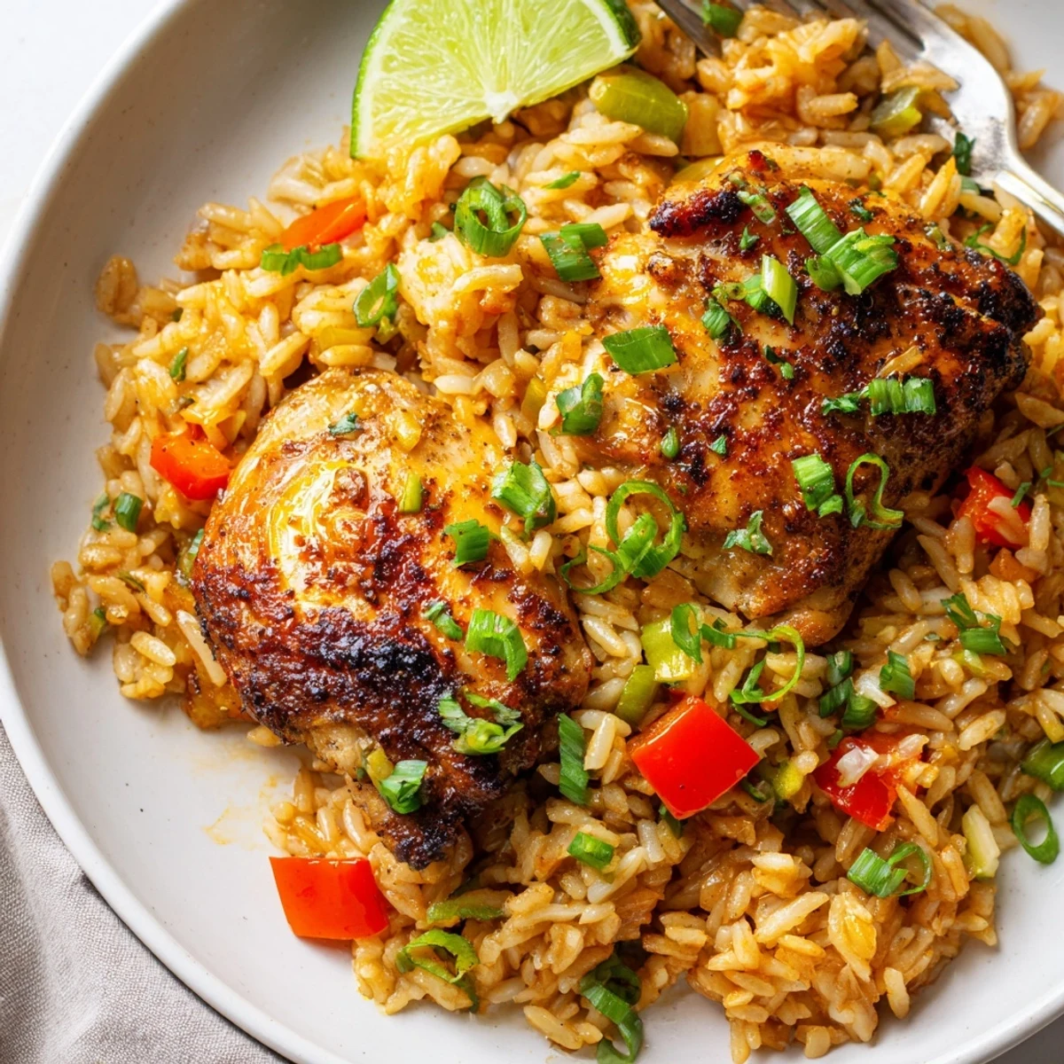 Spicy jerk chicken rice served in a skillet with fresh herbs and lime wedges