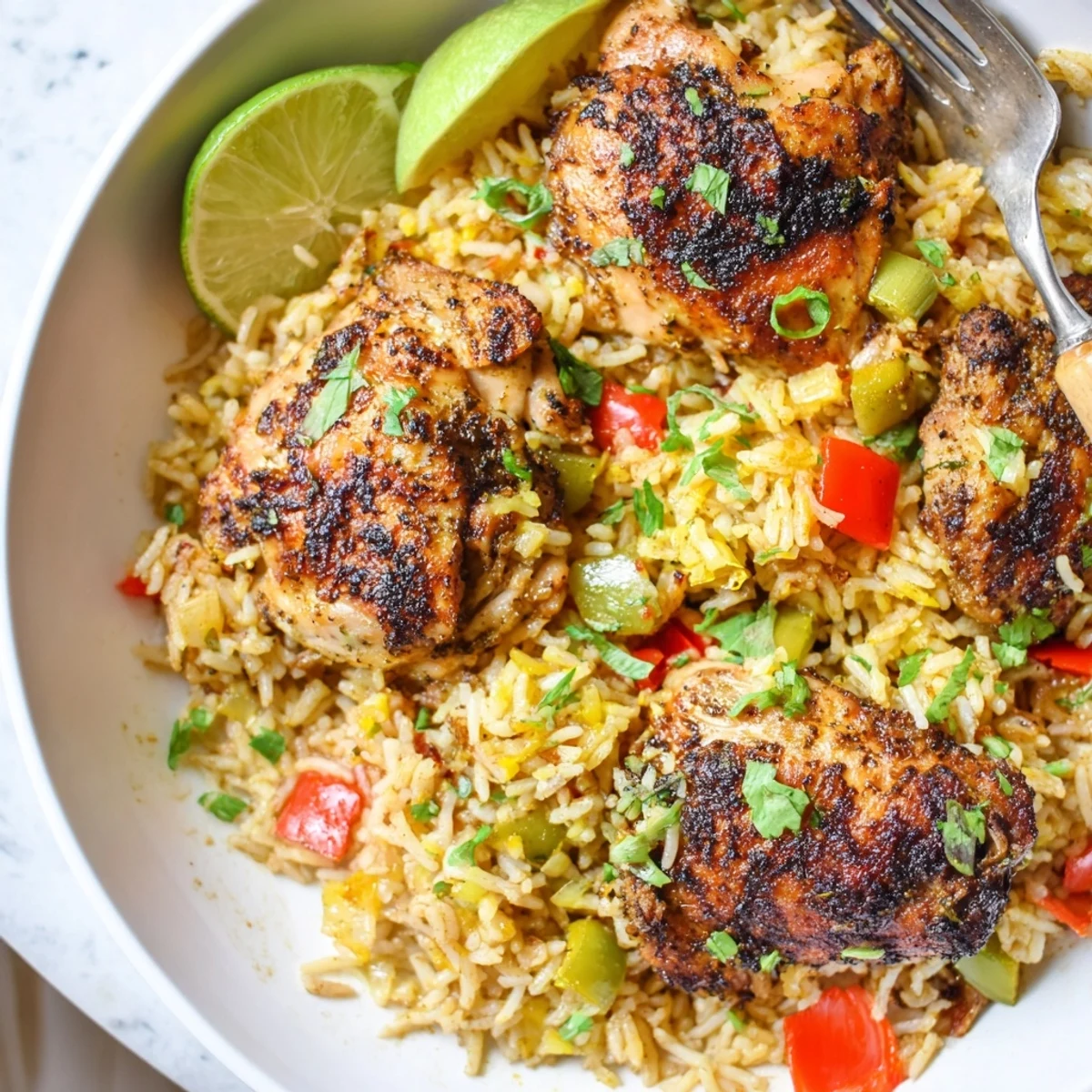 Steaming bowl of spicy jerk chicken rice topped with spring onions and cilantro