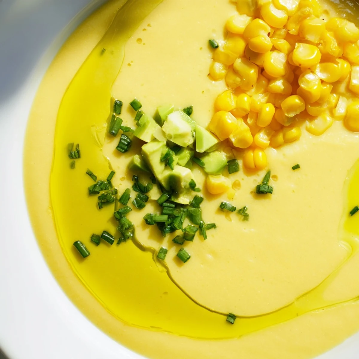 Creamy summer sweet corn gazpacho served chilled in a rustic bowl with fresh herb garnish