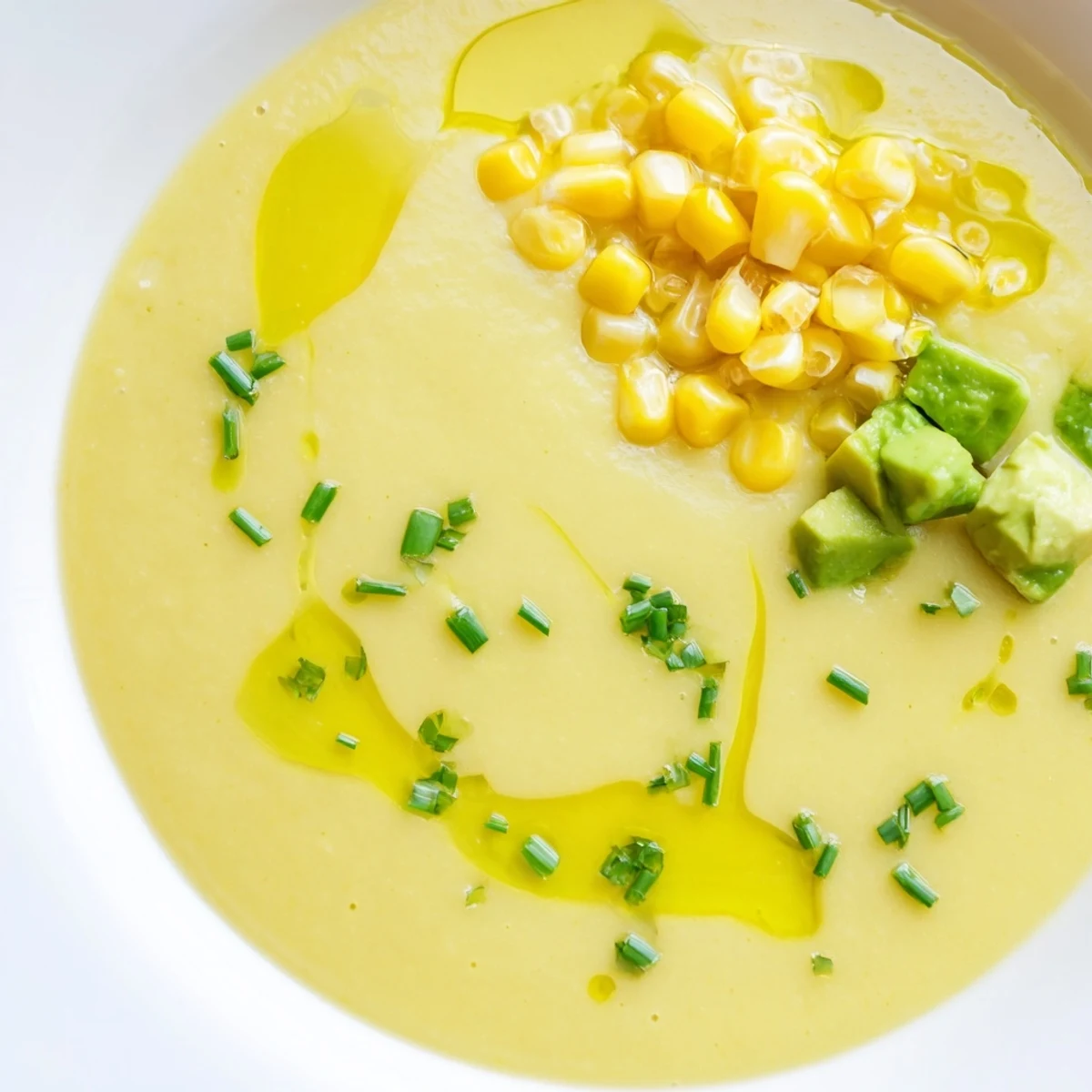 Golden summer sweet corn gazpacho topped with avocado cubes, raw corn kernels, and olive oil drizzle