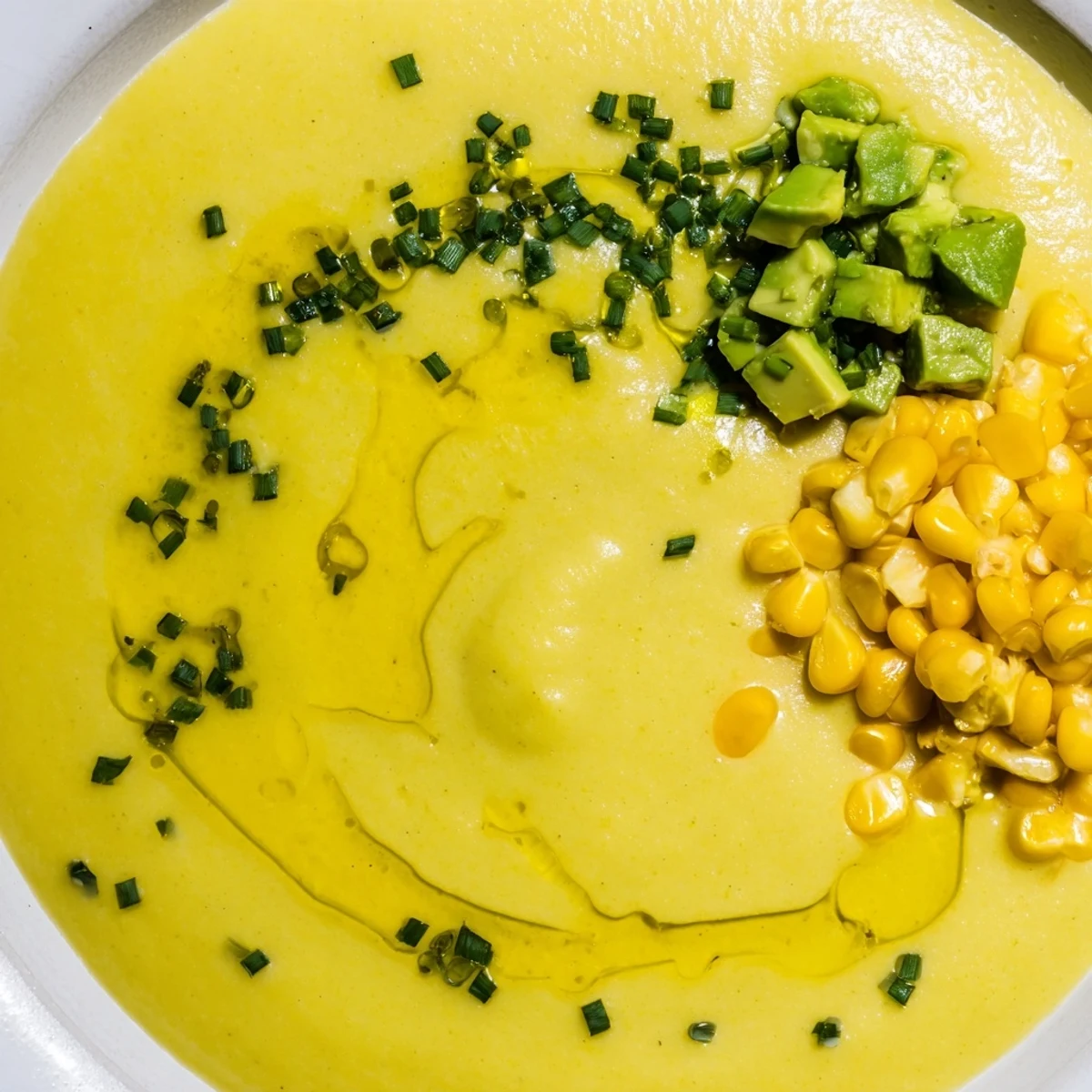 Vibrant summer sweet corn gazpacho poured into shallow bowls alongside crusty bread for a refreshing meal