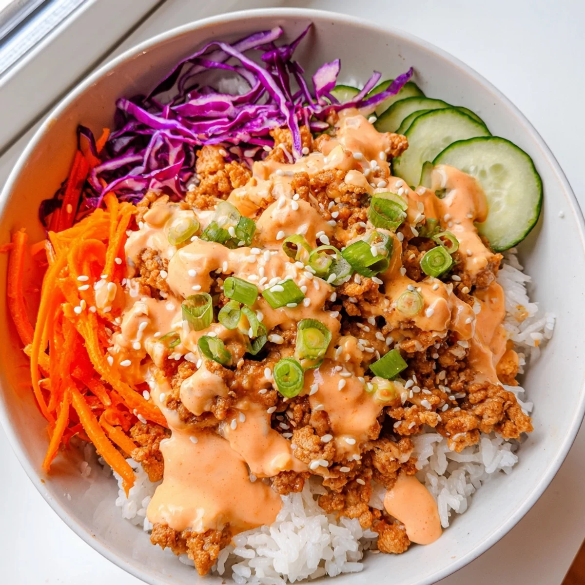 Colorful Ground Turkey Rice Bowls drizzled with spicy sweet Bang Bang Sauce