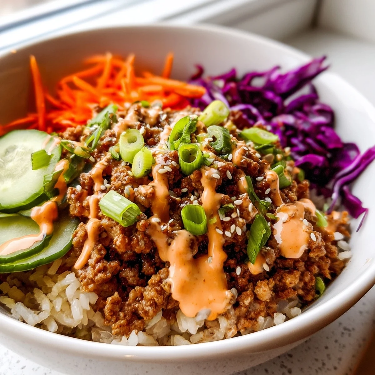 Ground Turkey Rice Bowls topped with crisp veggies and creamy Bang Bang Sauce