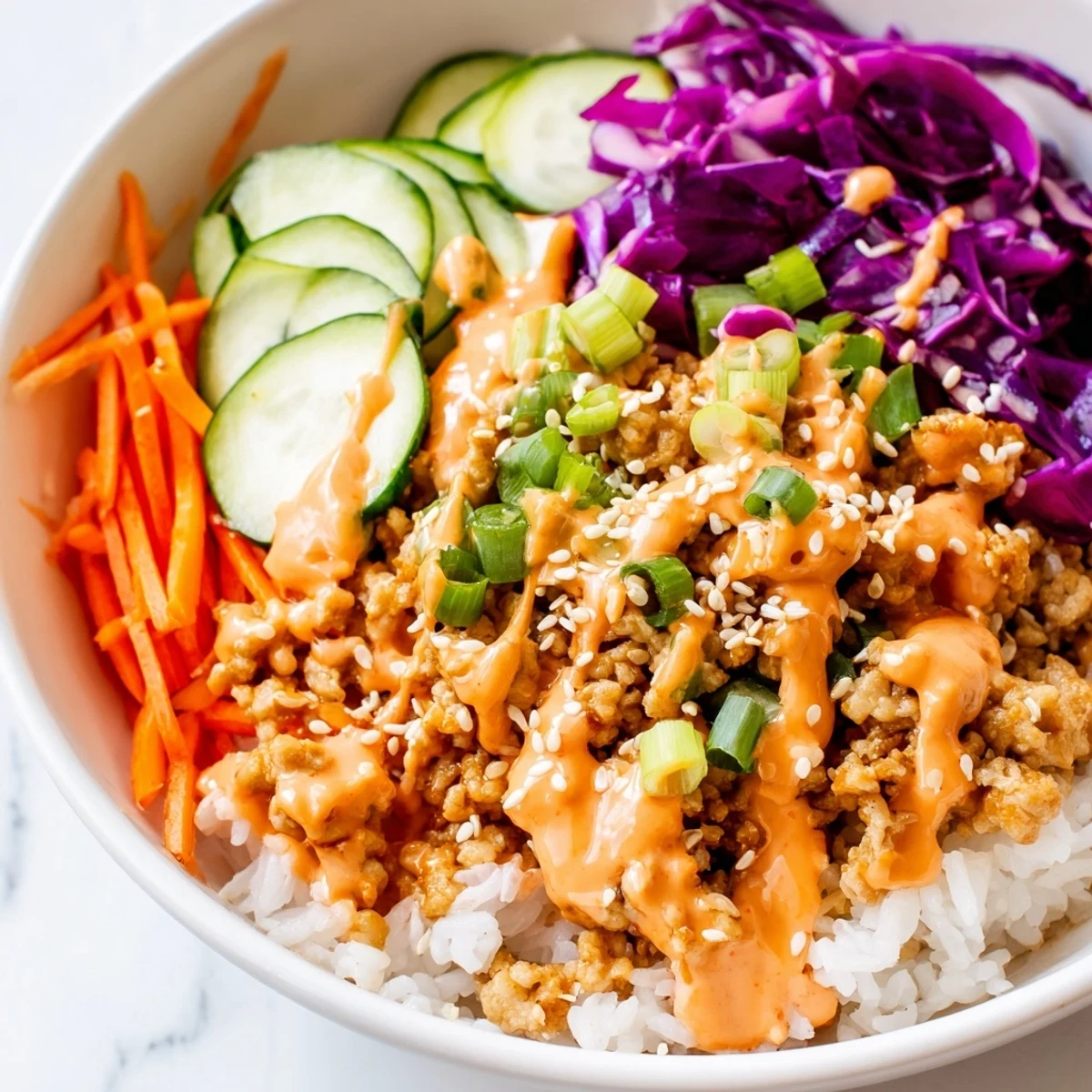 Steaming Ground Turkey Rice Bowls loaded with fresh vegetables and tangy sauce