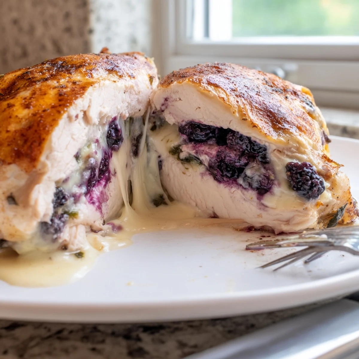 Melty Blackberry Jalapeno Stuffed Chicken with gooey purple filling spilling from golden baked breasts