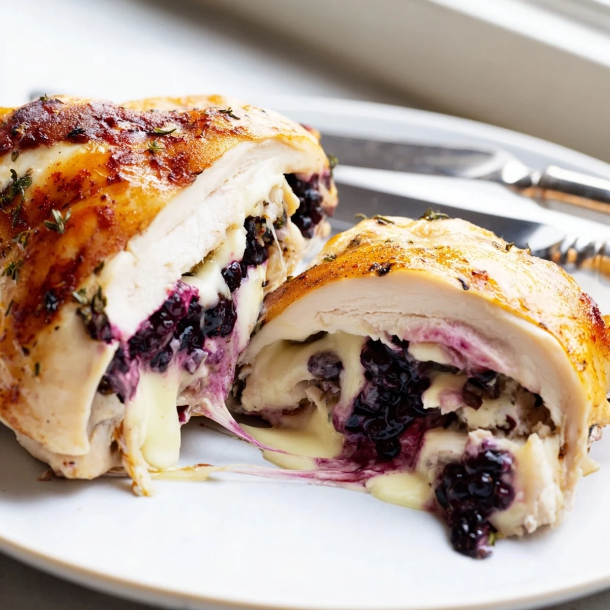 Crispy smoked paprika crusted Melty Blackberry Jalapeno Stuffed Chicken resting in a bubbling baking dish