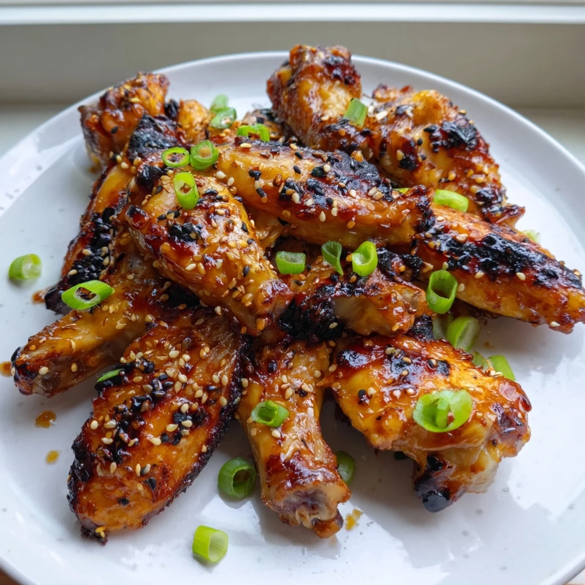 Golden miso honey marinated chicken wings glazed and garnished with sesame seeds