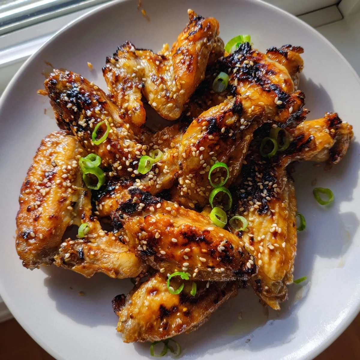Crispy baked miso honey marinated chicken wings drizzled with sweet savory glaze