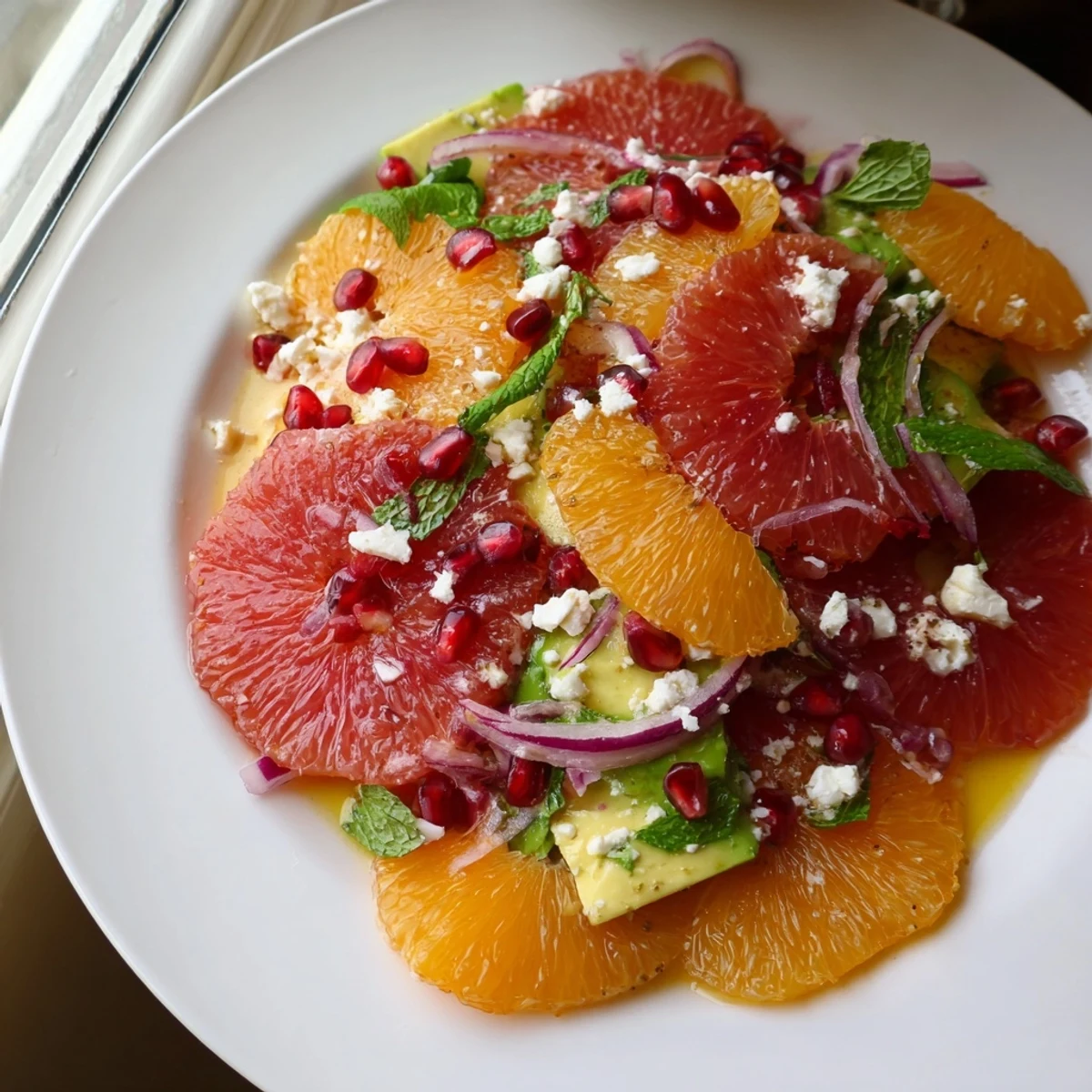 Bright citrus salad with pomegranate seeds, creamy avocado slices, and crumbled feta on a platter