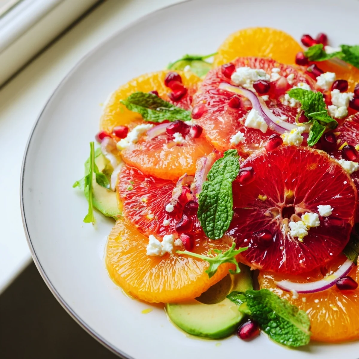 Vibrant citrus salad topped with ruby pomegranate arils, ripe avocado, and tangy feta cheese