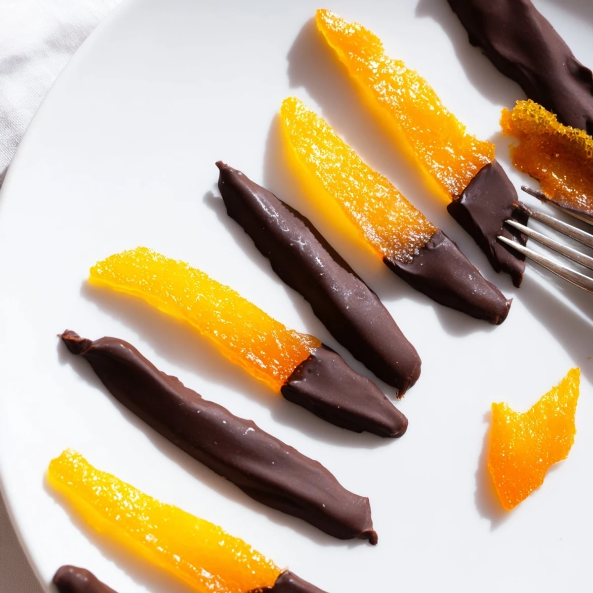 Glossy chocolate covered orange peels arranged on parchment paper with rich dark coating