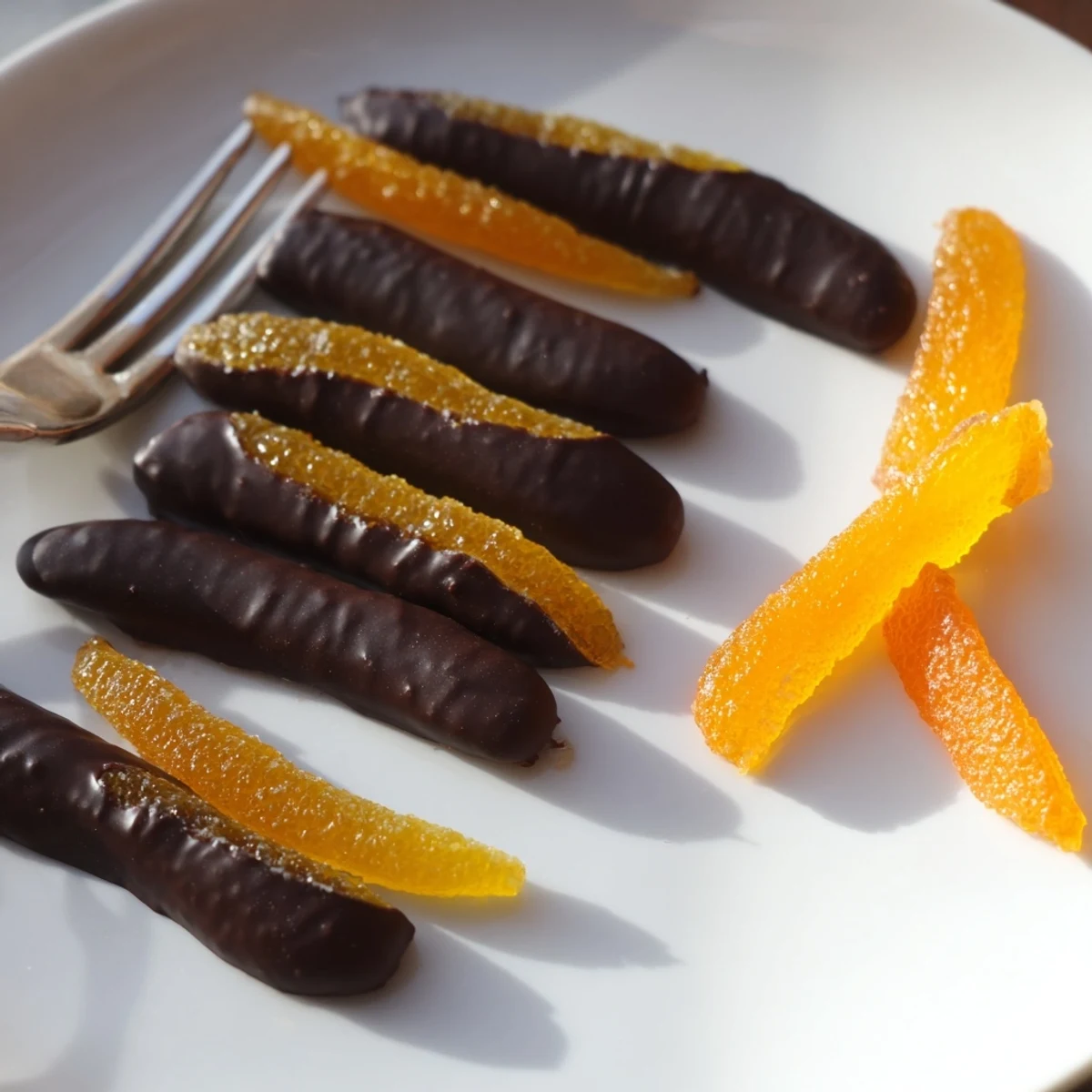 Elegant chocolate covered orange peels dusted with sugar on a rustic wooden board