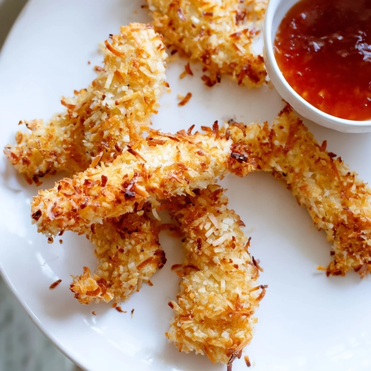Crispy crunchy coconut chicken fresh from the skillet on a rustic plate