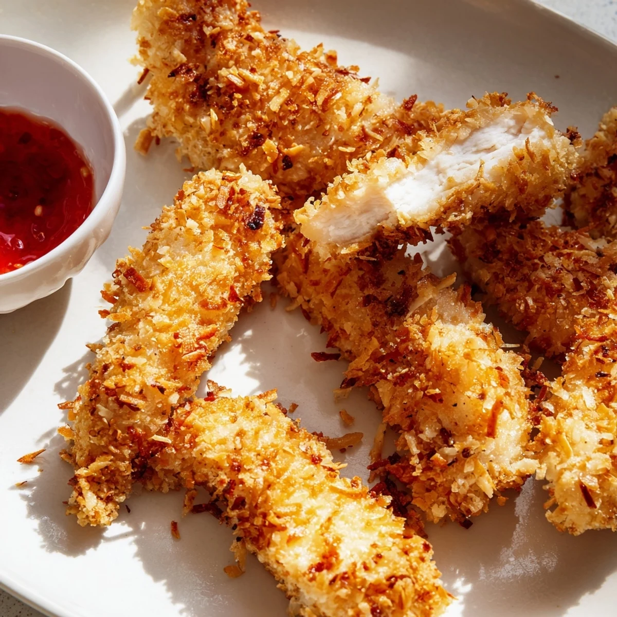 Golden crunchy coconut chicken strips served hot with sweet chili dipping sauce