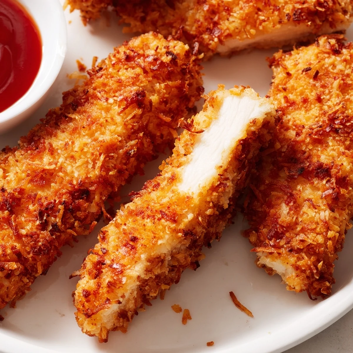 Juicy crunchy coconut chicken arranged on a platter alongside mango chutney dip