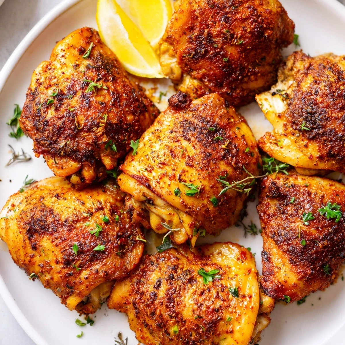 Golden crispy oven baked chicken thighs with herb seasoning on a parchment-lined baking sheet